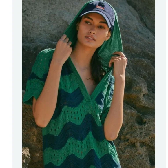 NWT Anthropologie Wave Crochet Hooded Mini Knit Cover Up  Beach Dress XL - Picture 6 of 10